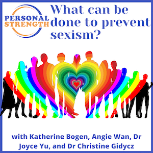 What can be done to prevent sexism? Image of girls, boys, men, and women with a rainbow love heart pattern representing acceptance, respect, and love that transcends genders.